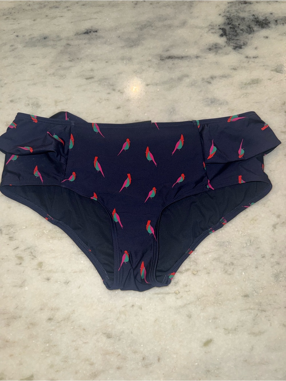 Navy Parrot Print High Waist Ruffle Bikini Bottoms